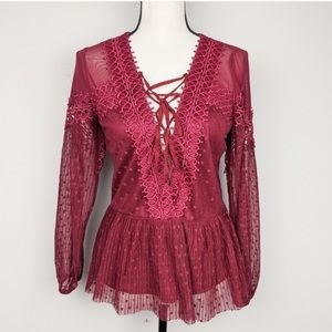 Red Boho Long Sleeve Sheer Lace Blouse